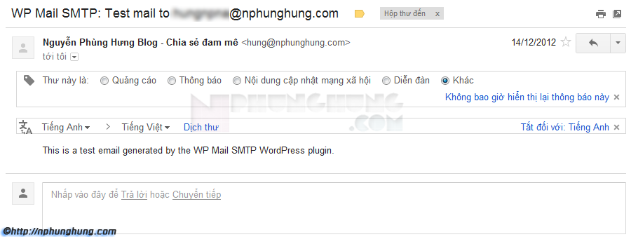 Email test gửi qua SMTP